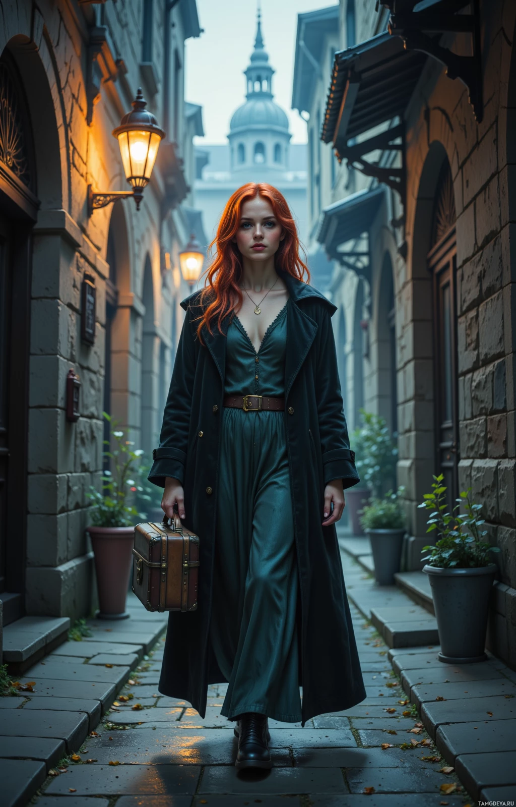 A woman with red hair walks down a narrow, dimly lit alleyway carrying a suitcase.