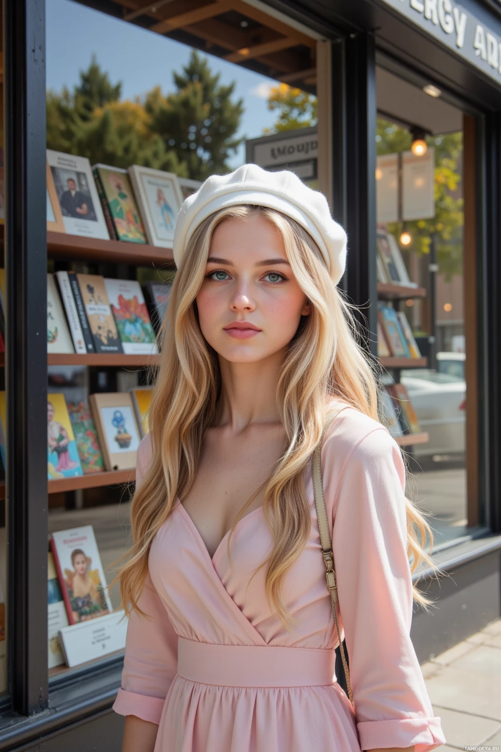 A woman in a pink dress and white beret stands in front of a bookstore.
