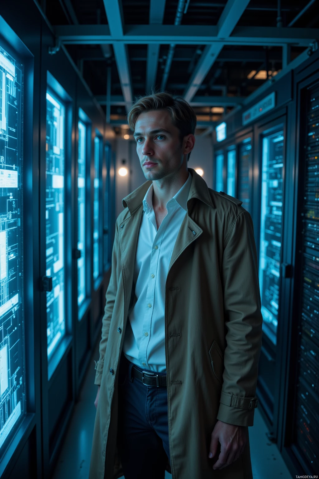 A man in a trench coat stands in a dimly lit server room.