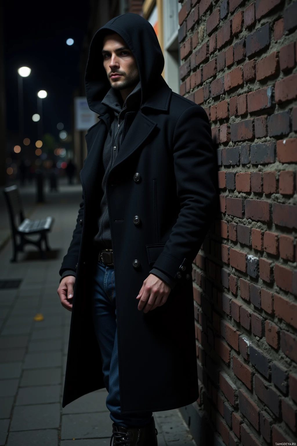 A man in a black hooded coat and jeans stands against a brick wall at night.
