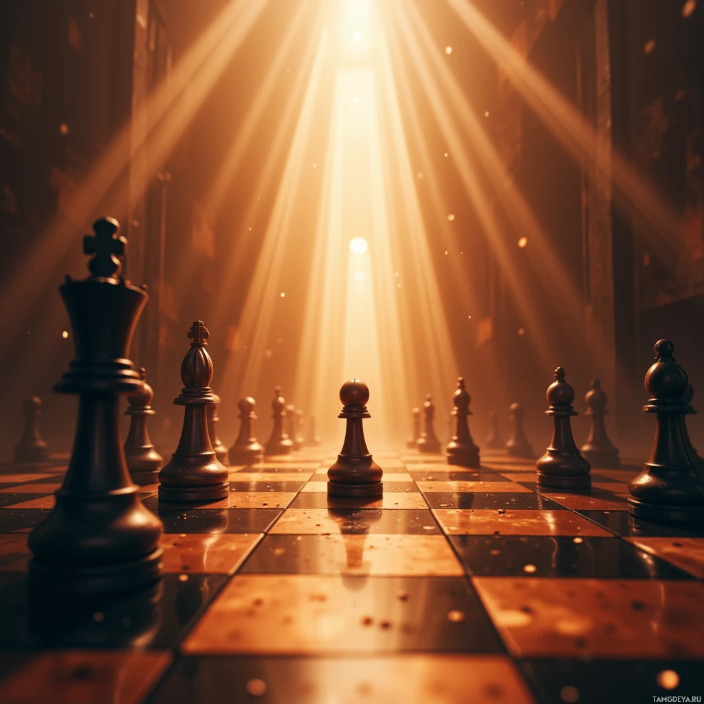 A chessboard with black pieces arranged in a line, bathed in golden light.