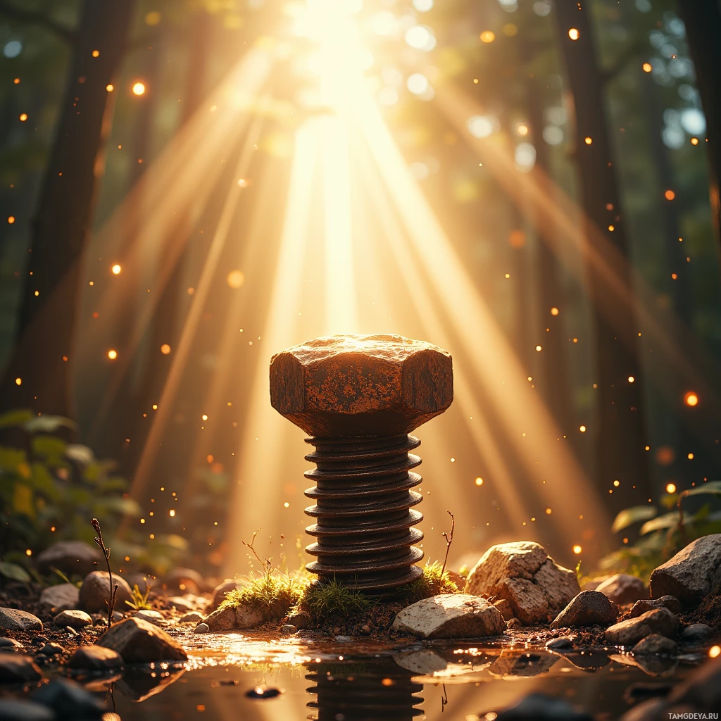 A rusted bolt stands amidst rocks and sunlight filtering through trees.