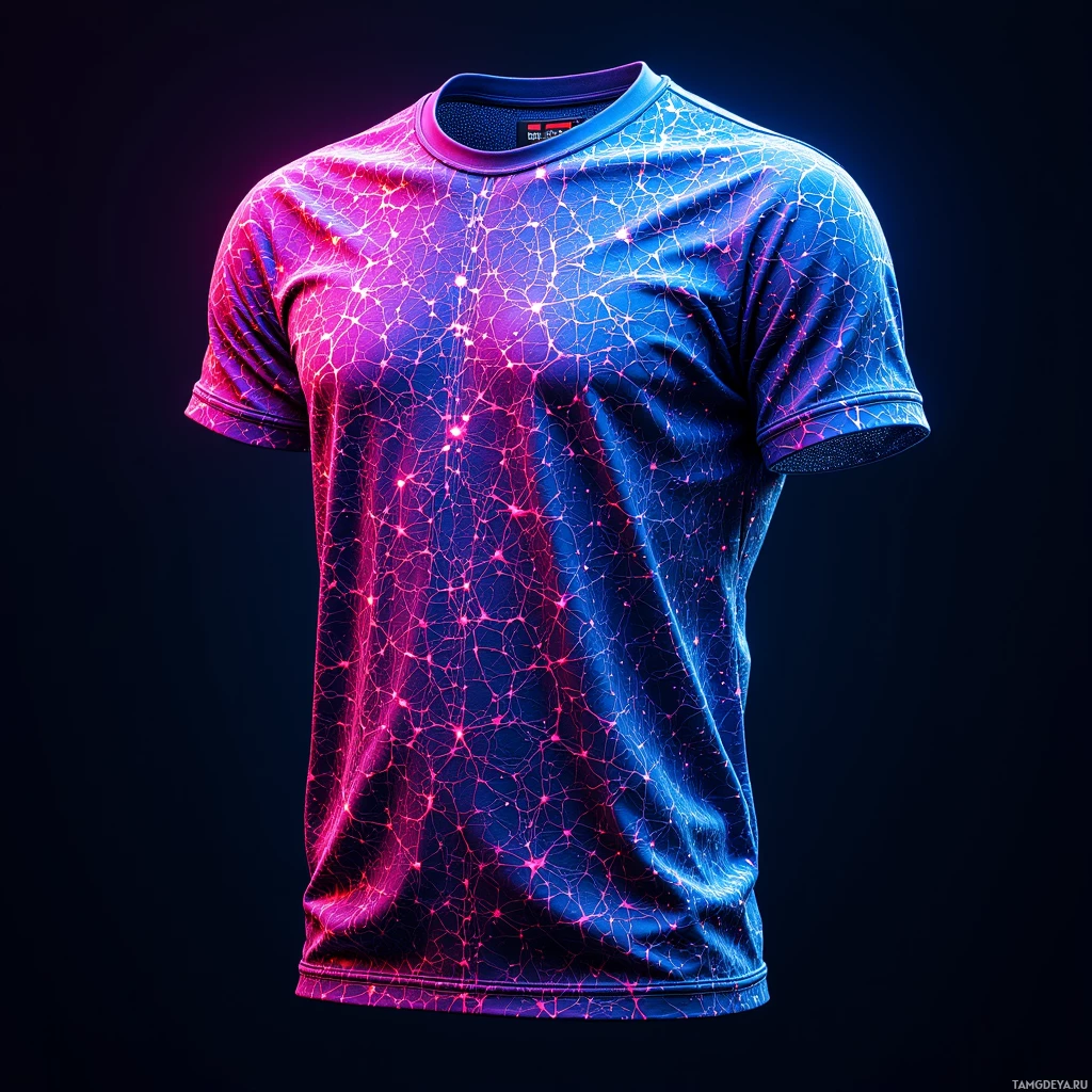 A vibrant, neon-lit t-shirt with a geometric pattern stands against a dark background.