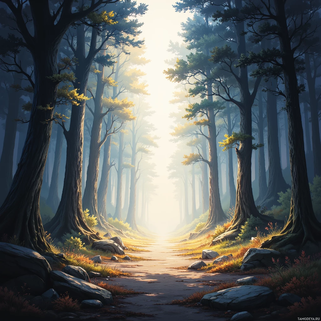 A serene forest scene with tall trees and a path leading towards a bright light at the end.