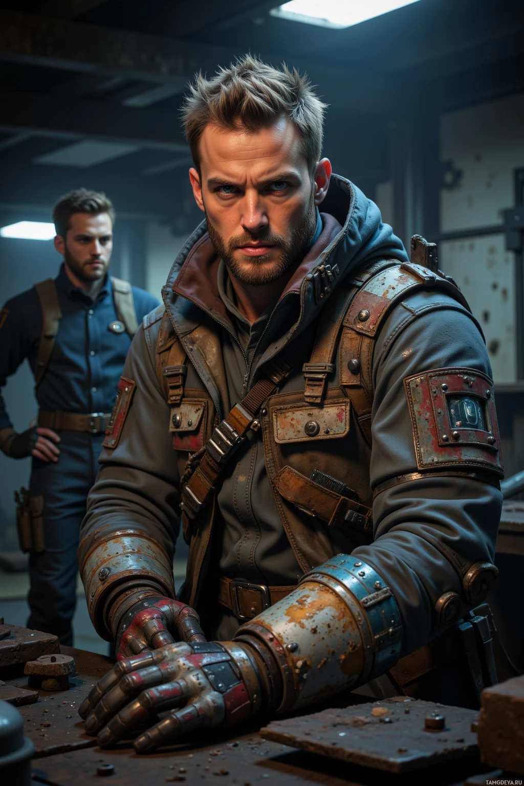 A man in a rugged, futuristic outfit stands in a dimly lit industrial setting.