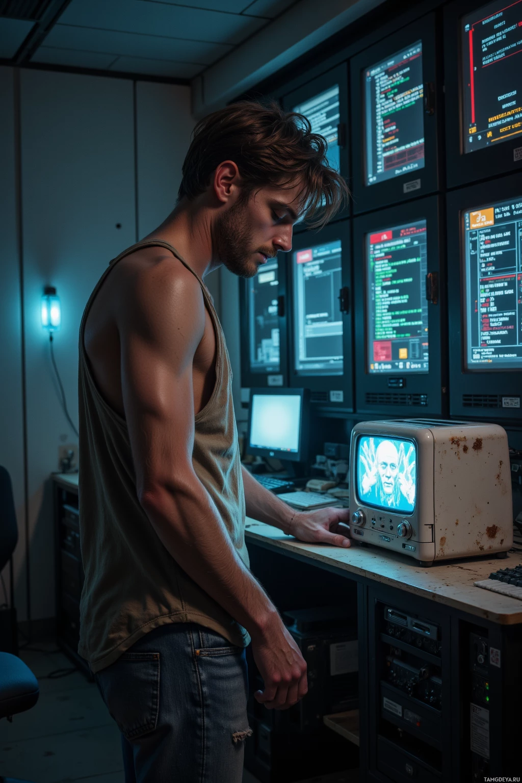 A man in a tank top stands in a dimly lit room with multiple monitors displaying code and data.