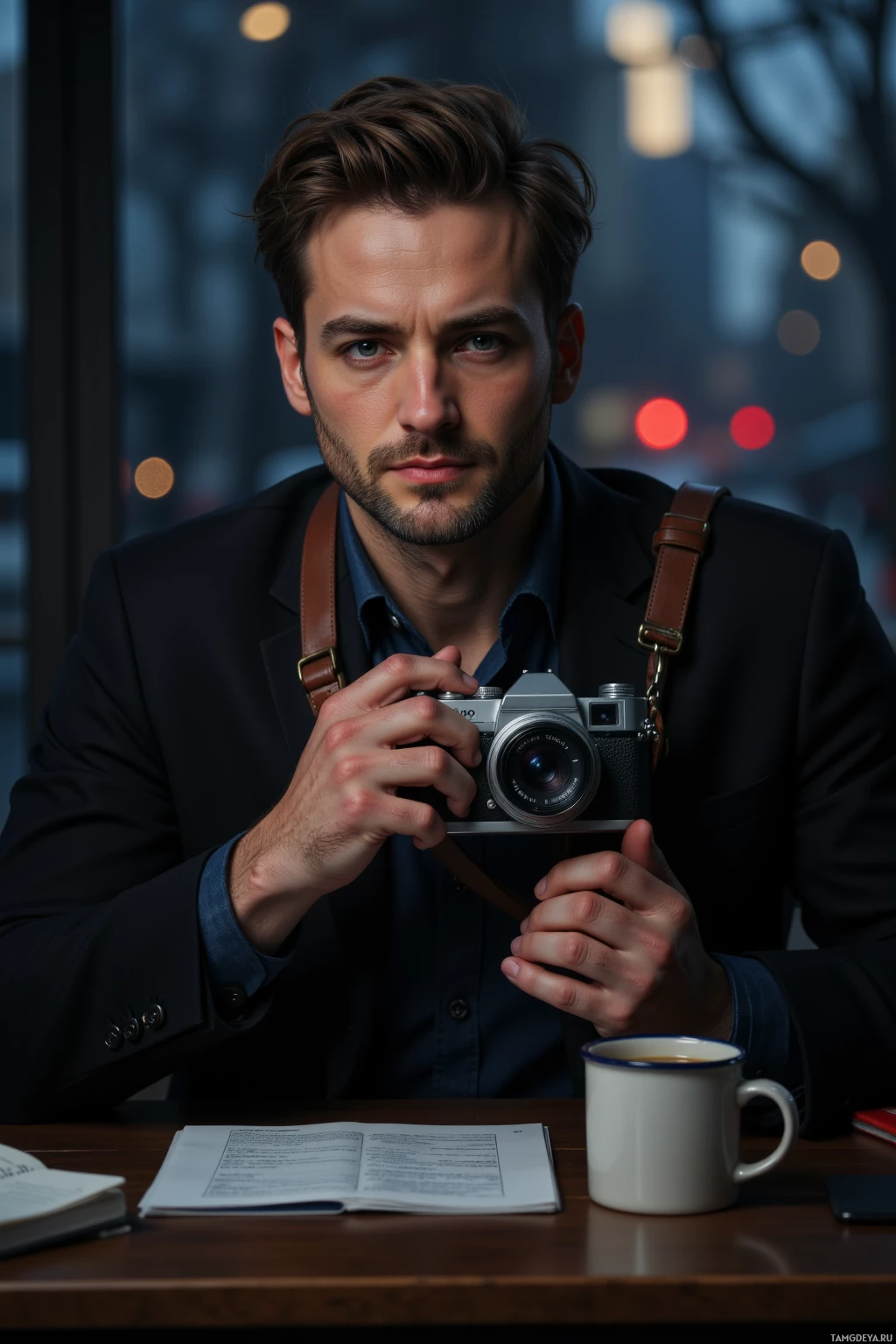 A man in a suit holds a camera, sitting at a table with a mug and papers.