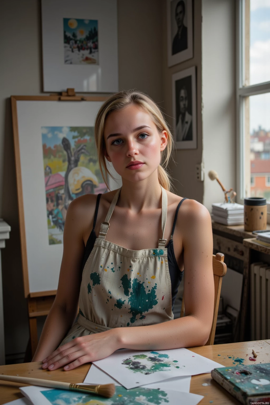A young woman wearing an apron sits at a desk in a studio, surrounded by art supplies and framed artwork.