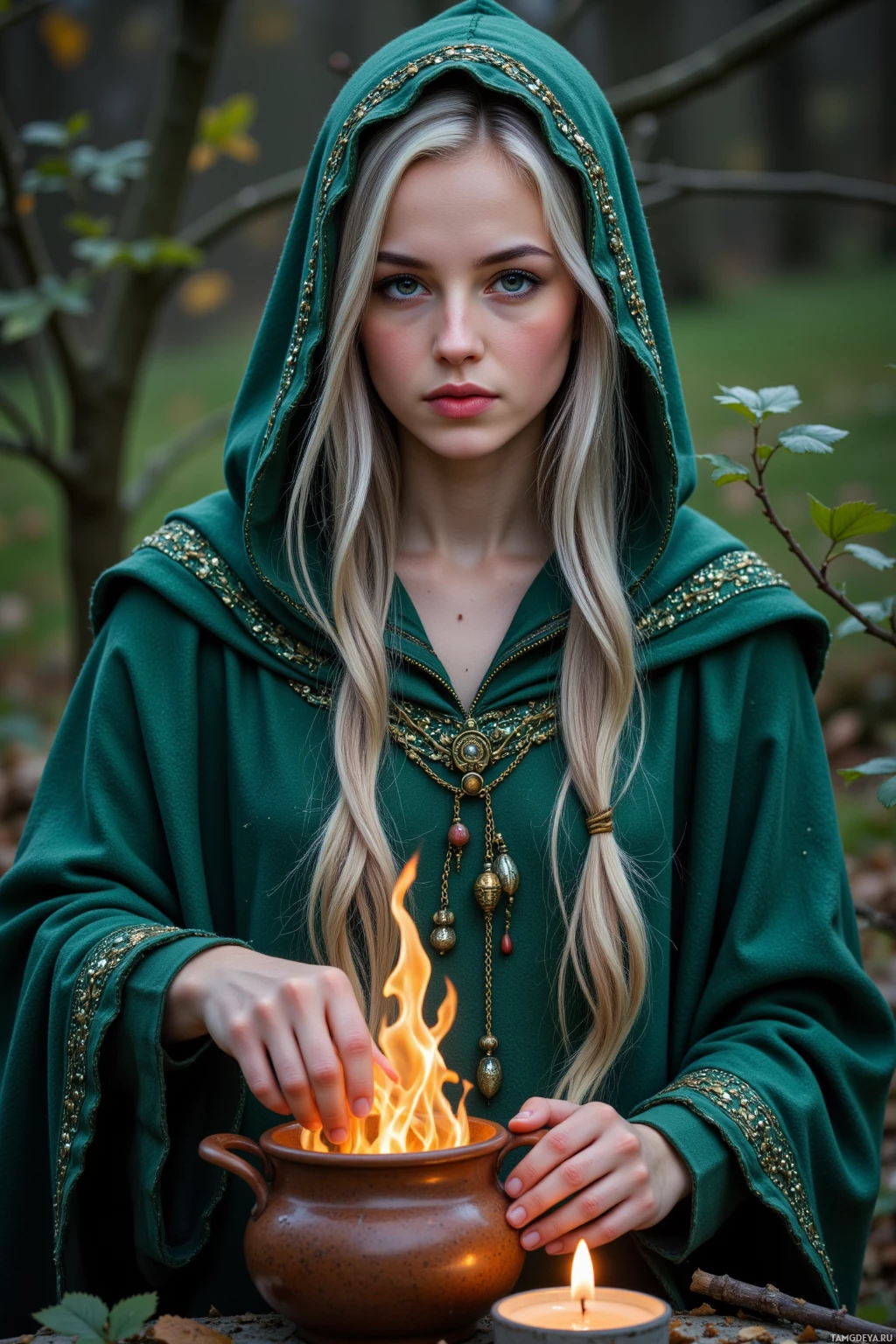 A person in a green hooded robe holds a lit candle and a pot, set against a forest backdrop.