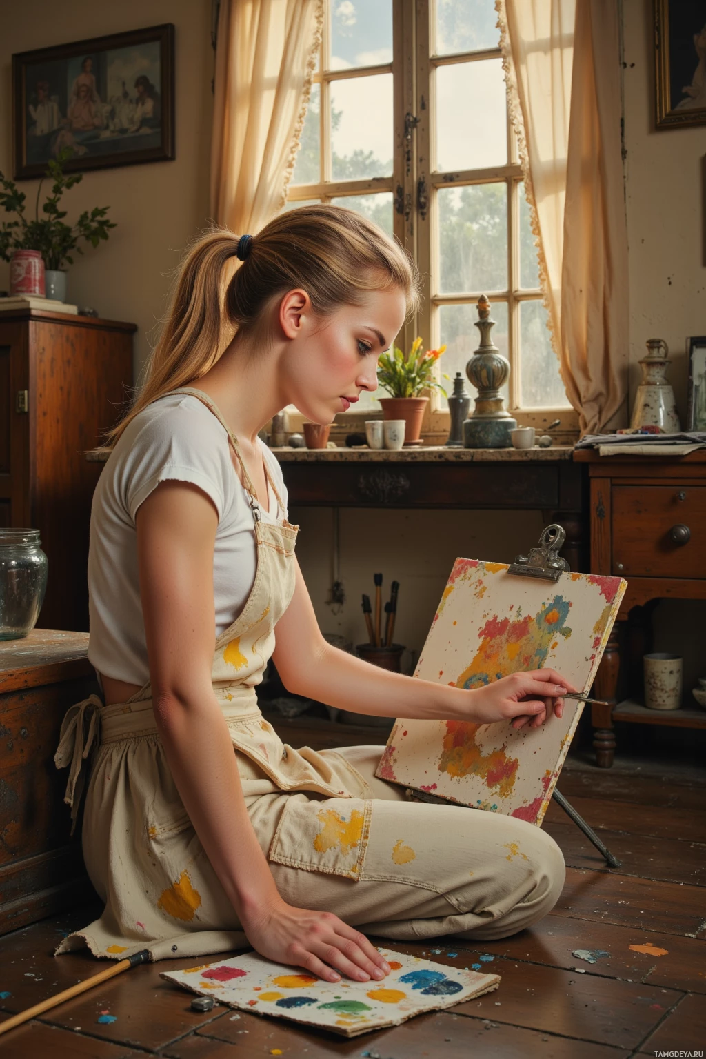 A young woman is seated on the floor in a studio, painting on a canvas with a palette and brushes nearby.