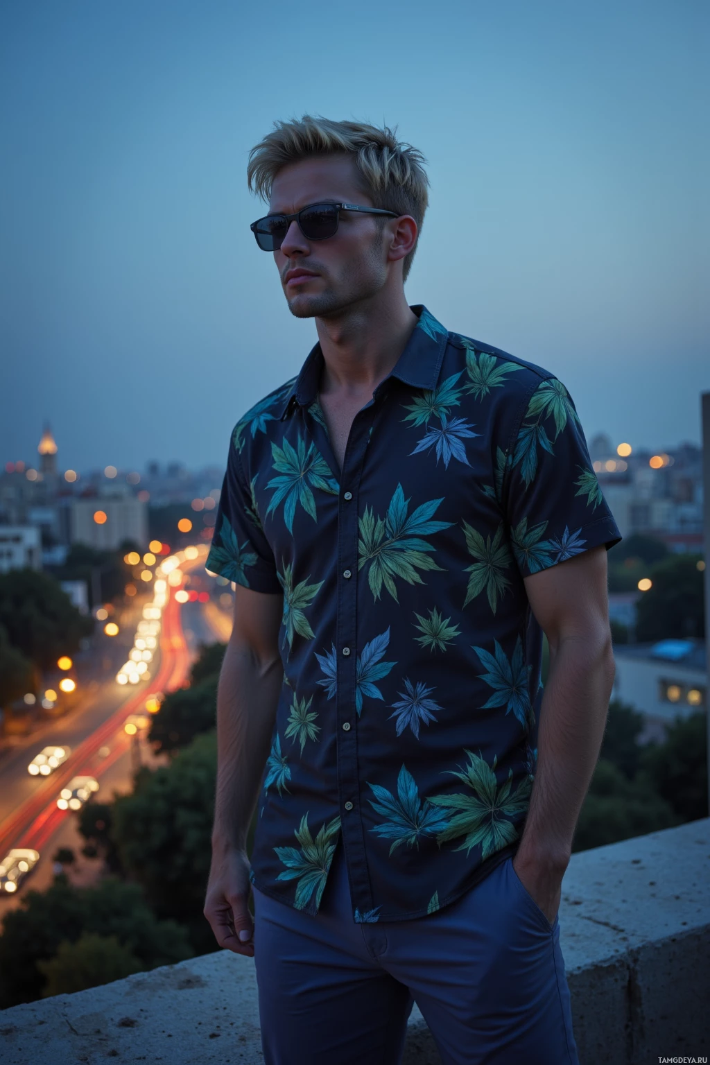 A man wearing a floral shirt and sunglasses stands on a rooftop overlooking a cityscape at dusk.