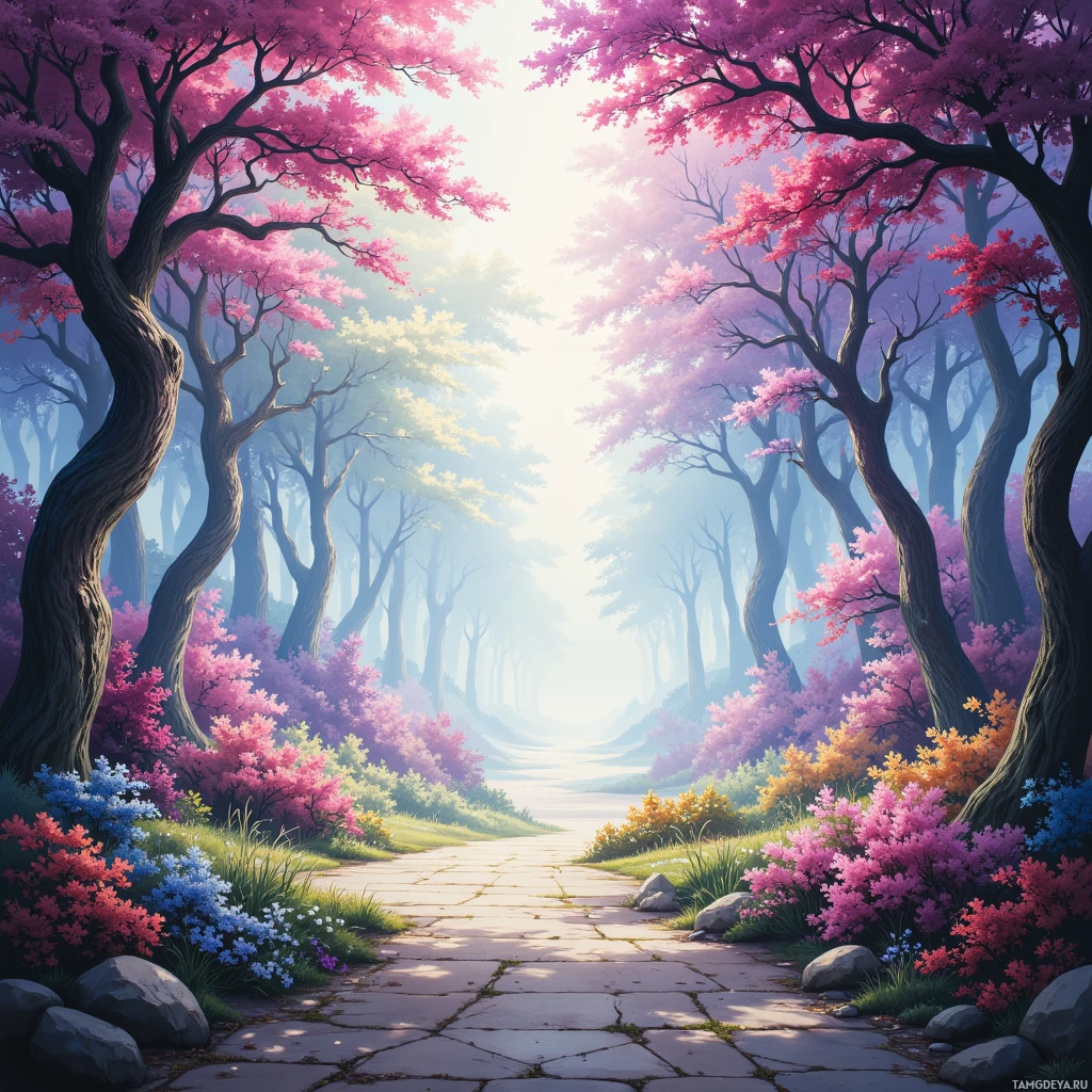 A serene forest path lined with blooming pink and purple trees and vibrant flowers.