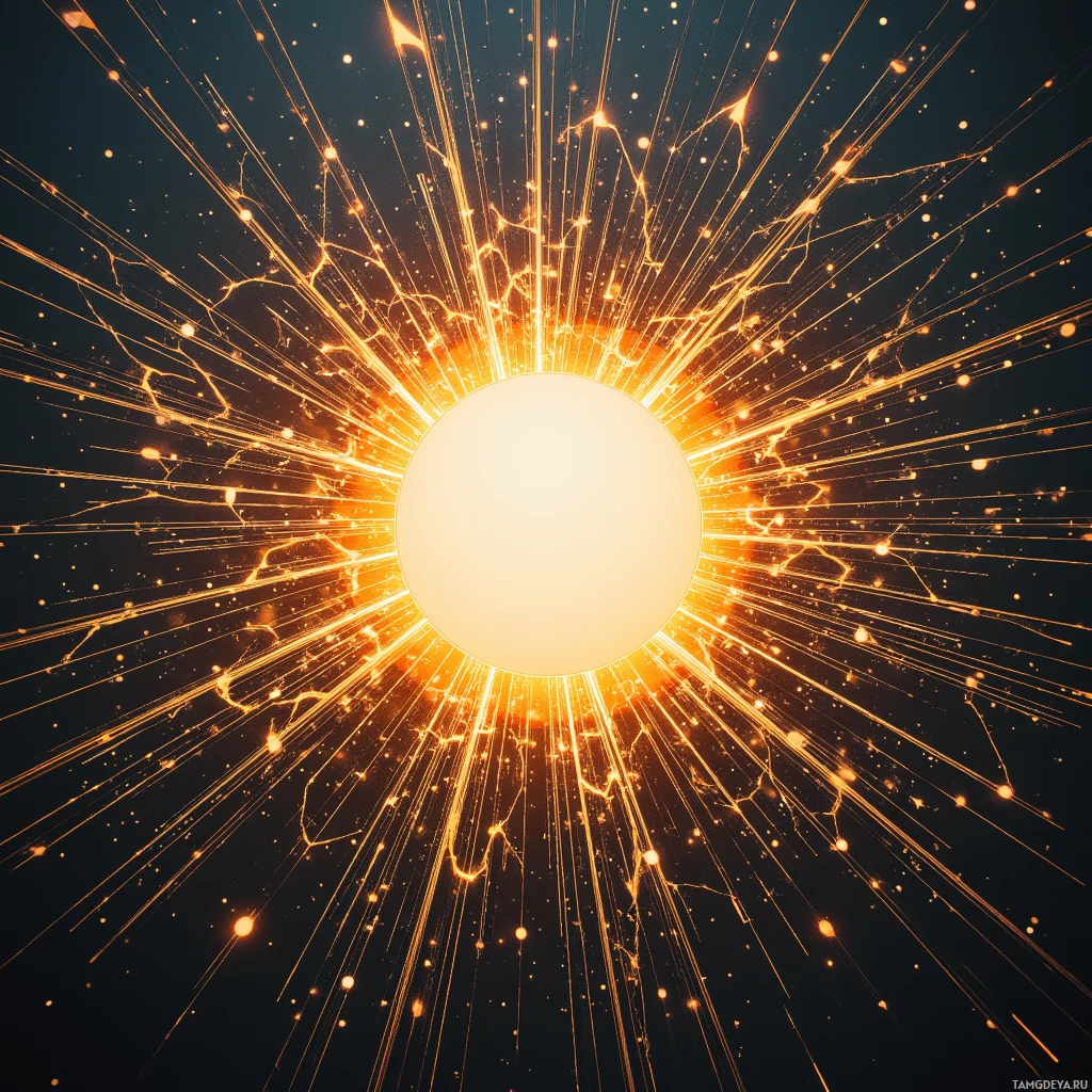 A radiant burst of golden light radiates outward from a central white sphere against a dark background.