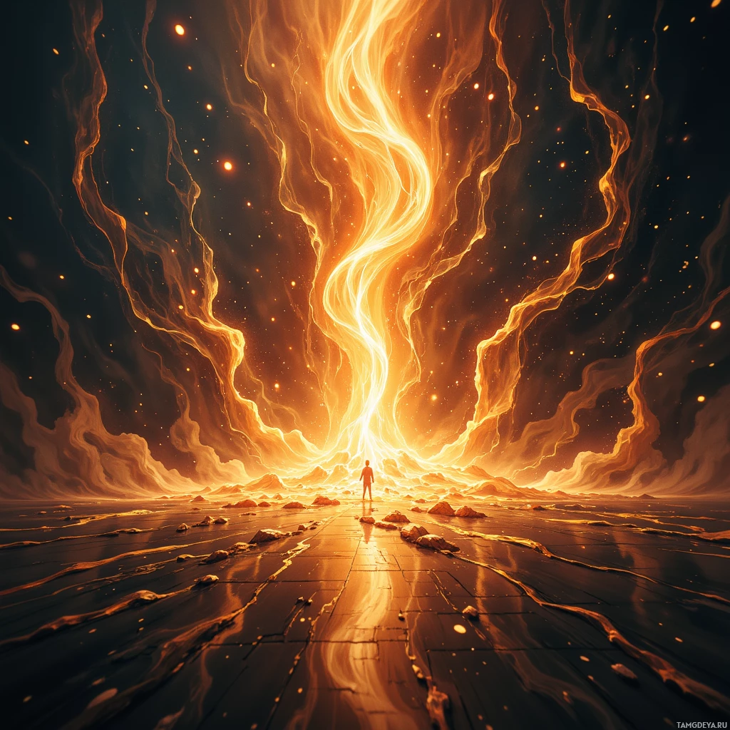 A lone figure stands at the entrance of a fiery, glowing portal in a dark, starry sky.
