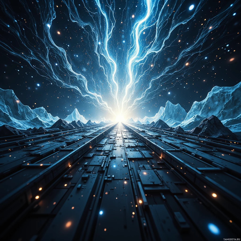 A futuristic landscape with glowing pathways leading towards a bright light source in the sky, surrounded by icy mountains and celestial particles.