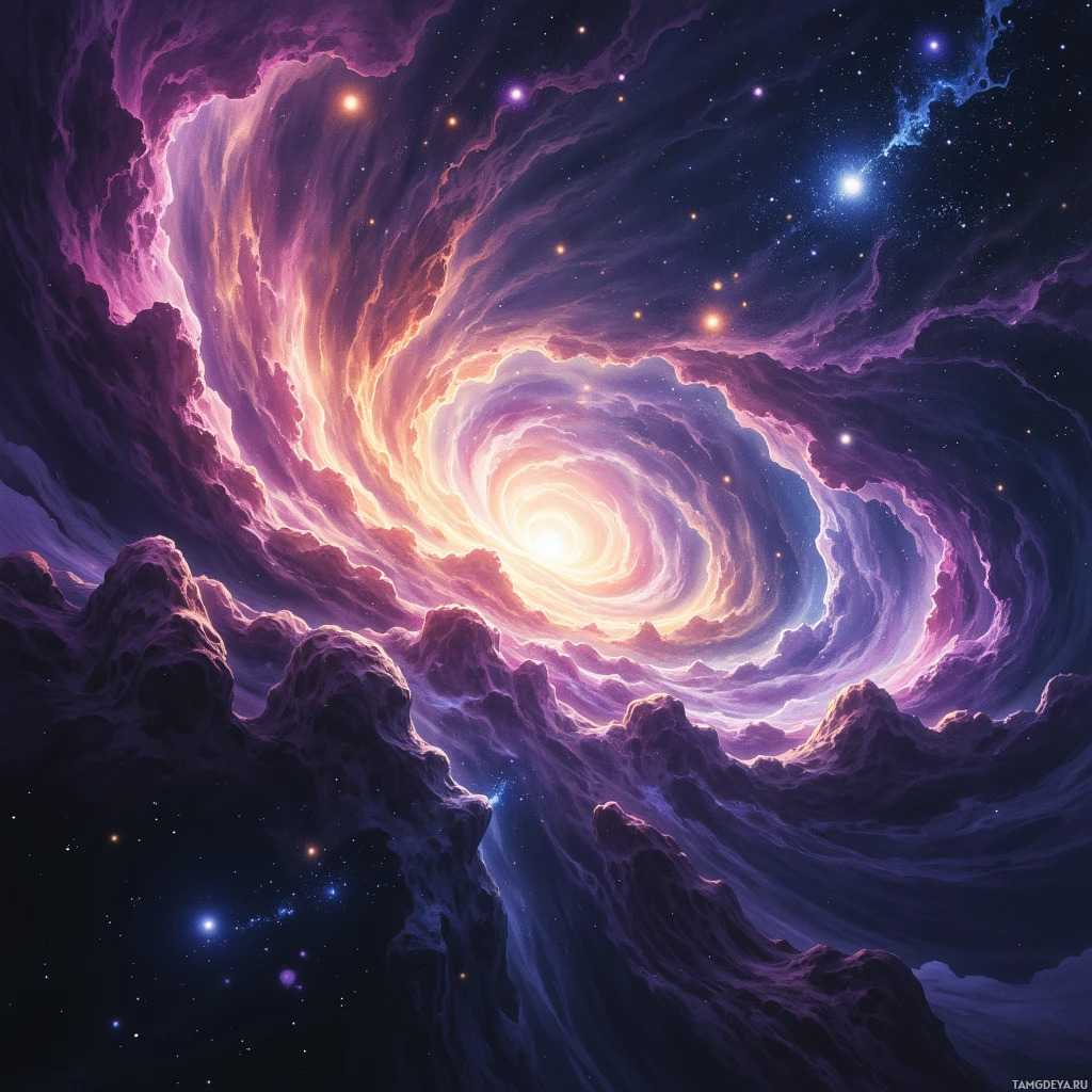 A swirling nebula with vibrant purple and pink hues against a starry cosmic background.