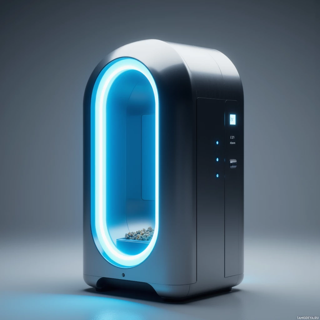 A sleek, modern device with a glowing blue light and a digital display.