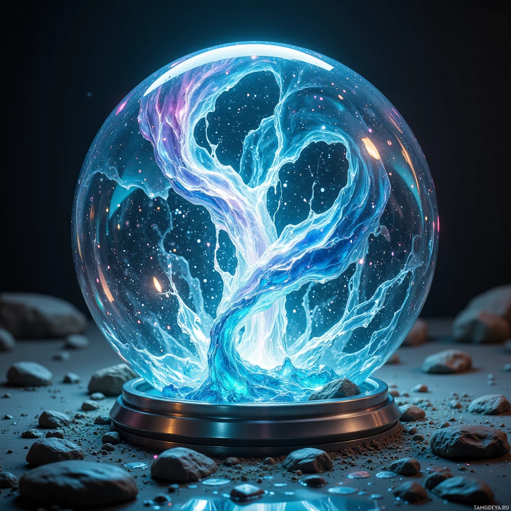A glowing, ethereal sphere with swirling blue and purple energy sits atop a metallic base, surrounded by rocks and a dark background.