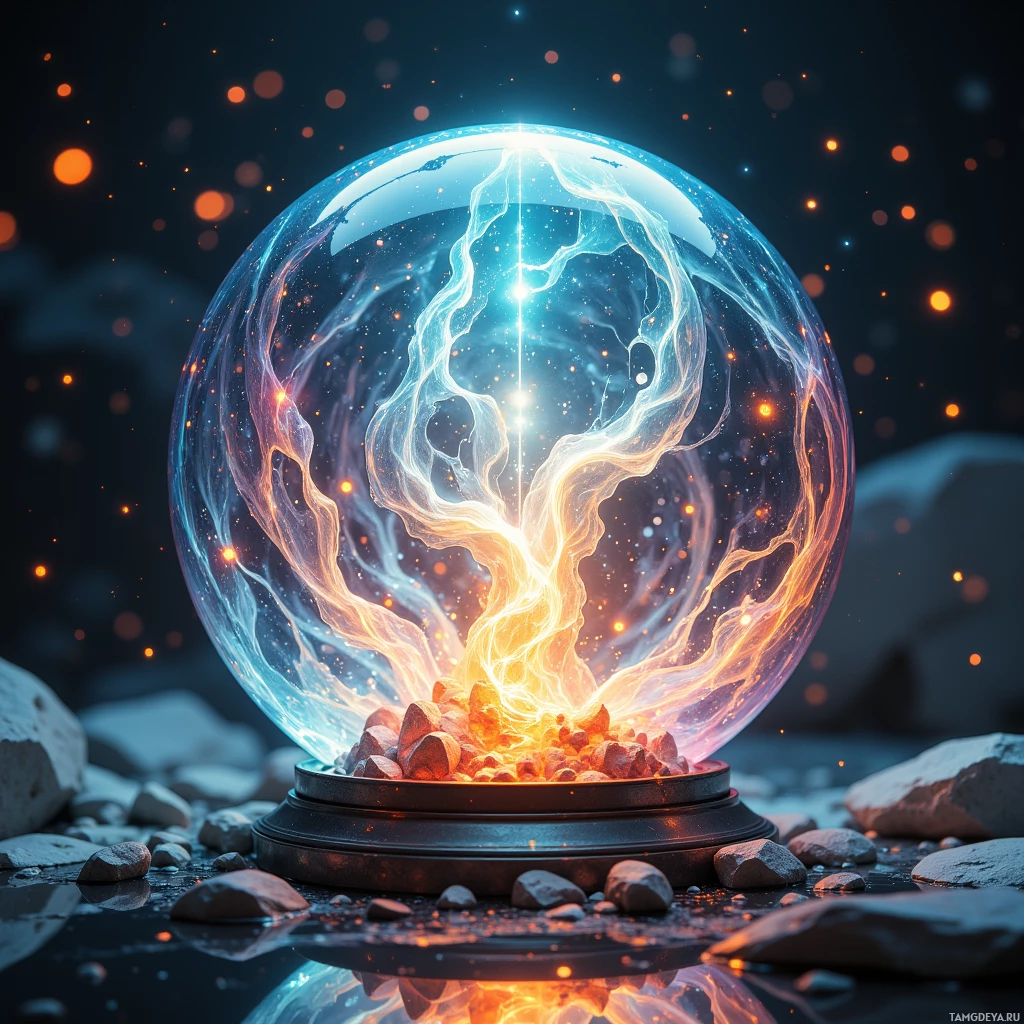 A glowing, ethereal sphere with swirling energy and sparks, resting on a rocky surface.