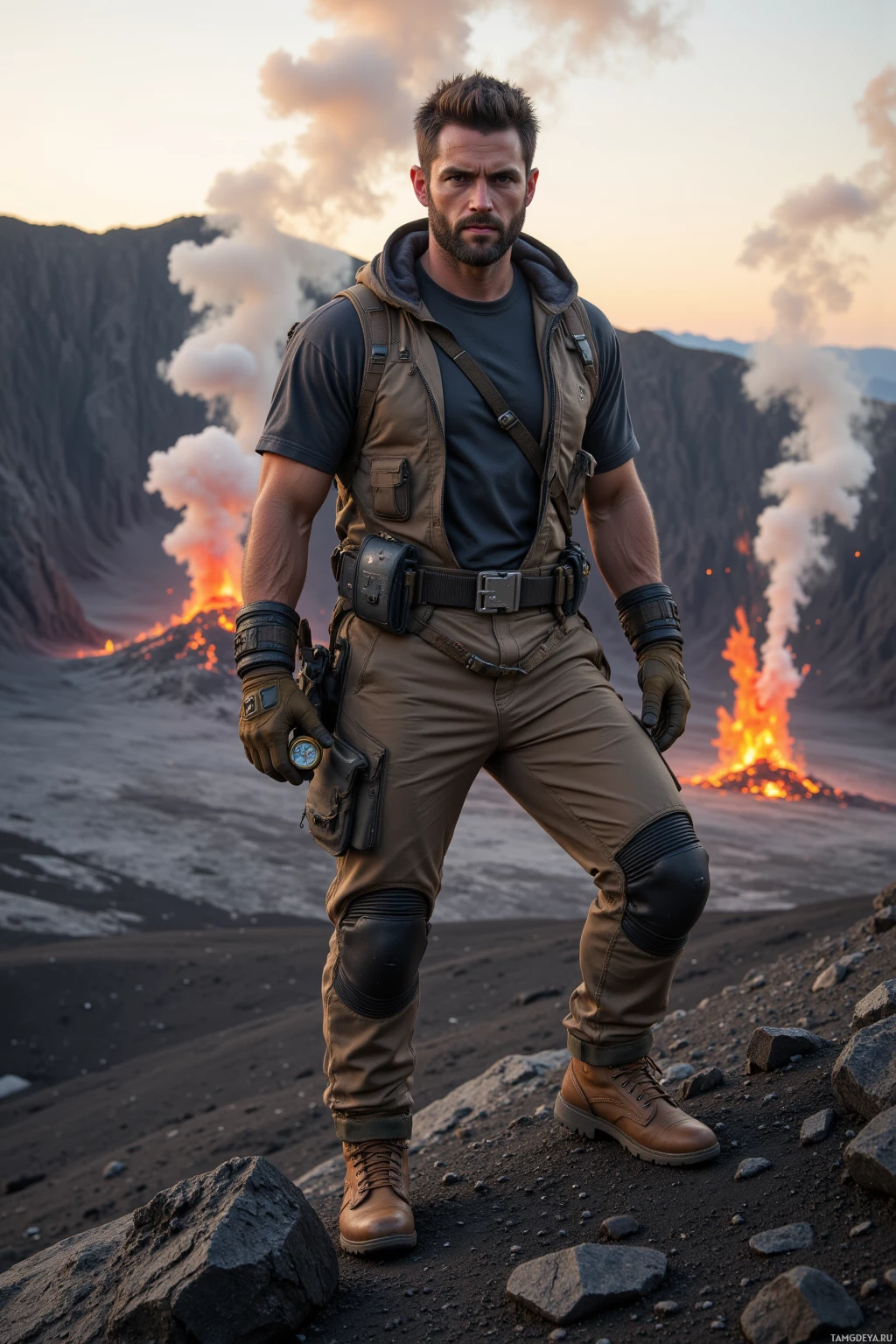 A man in tactical gear stands on a volcanic landscape with a erupting volcano in the background.