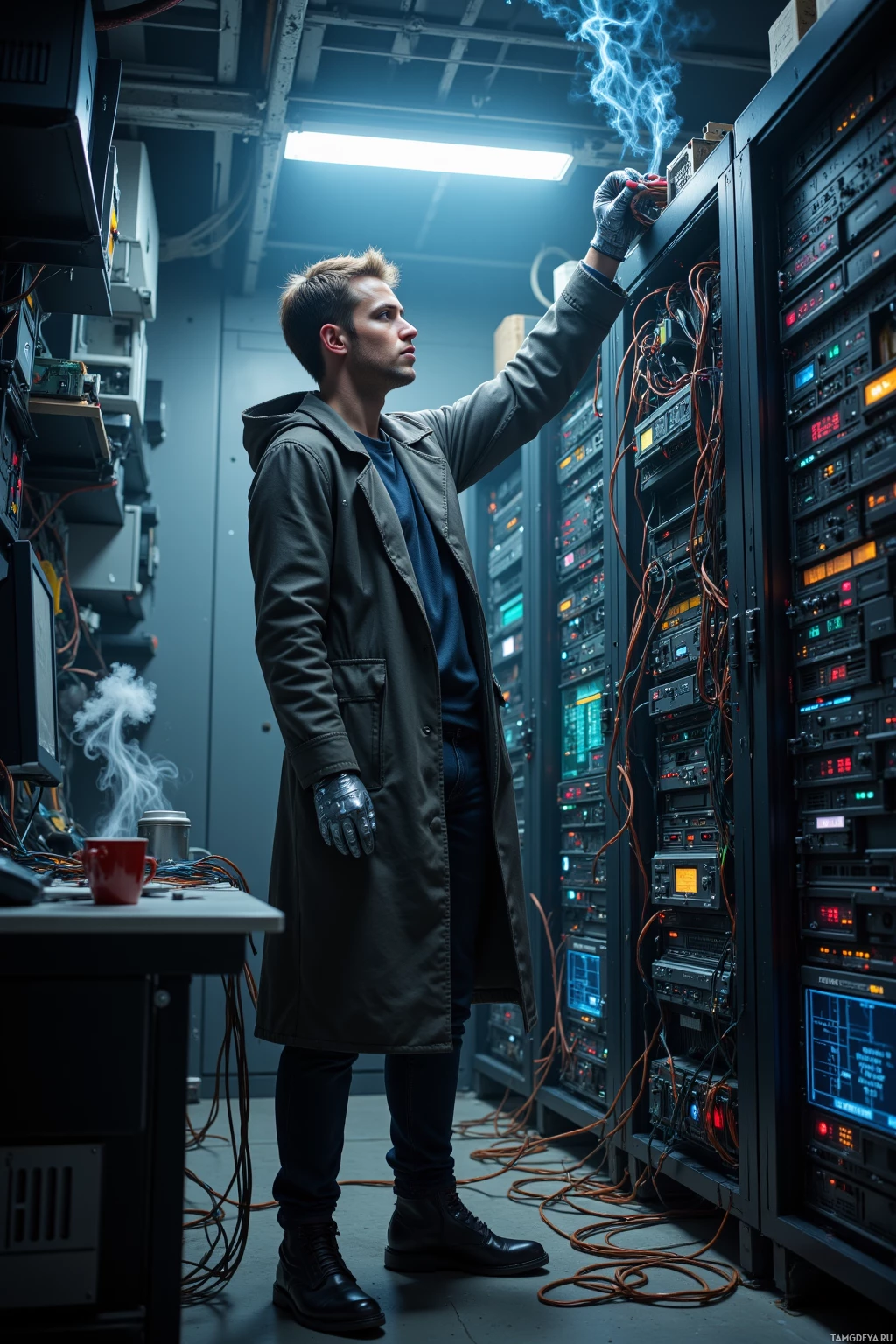 A person in a trench coat and gloves works on a server rack in a dimly lit room.