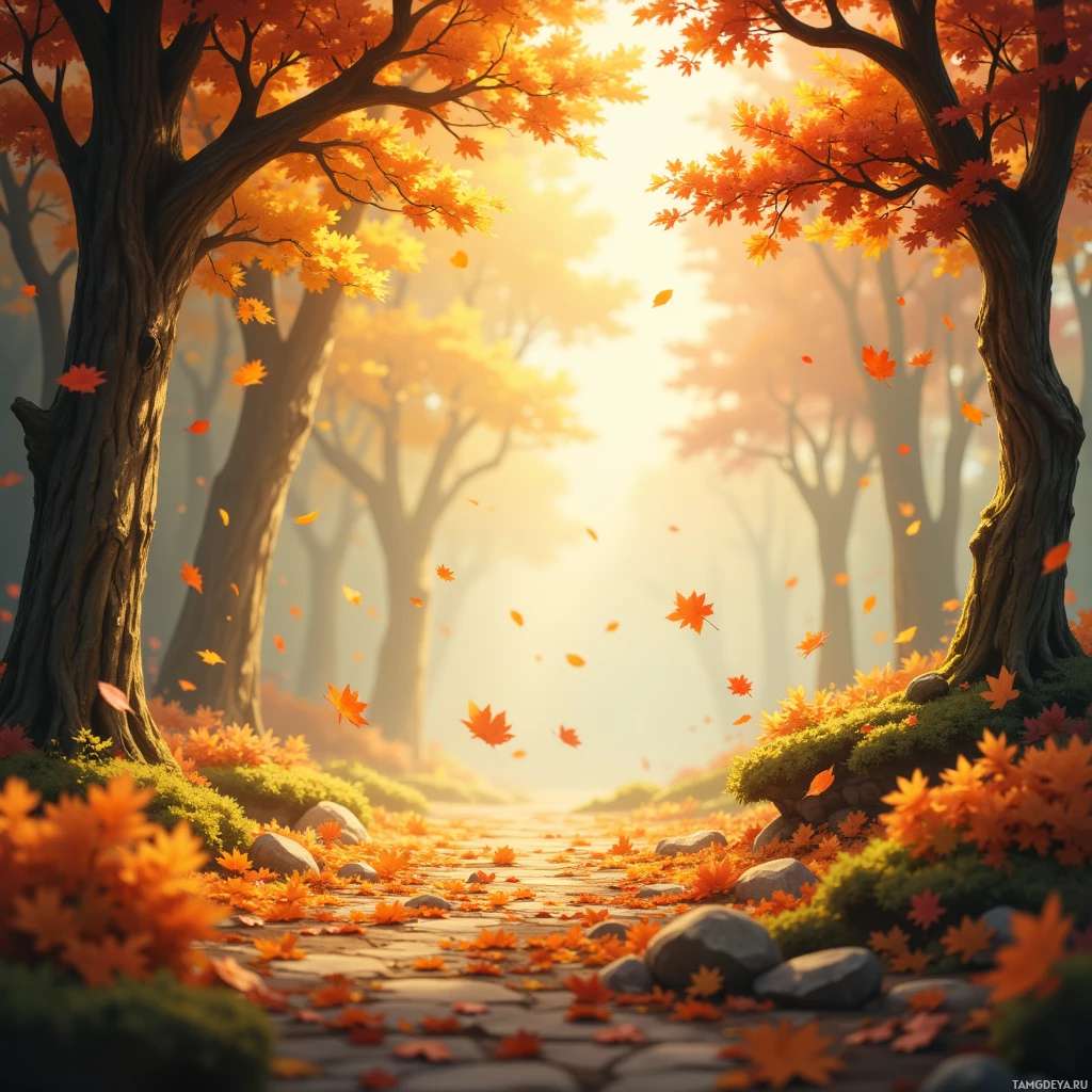 A serene autumn forest scene with golden leaves falling and sunlight filtering through the trees.