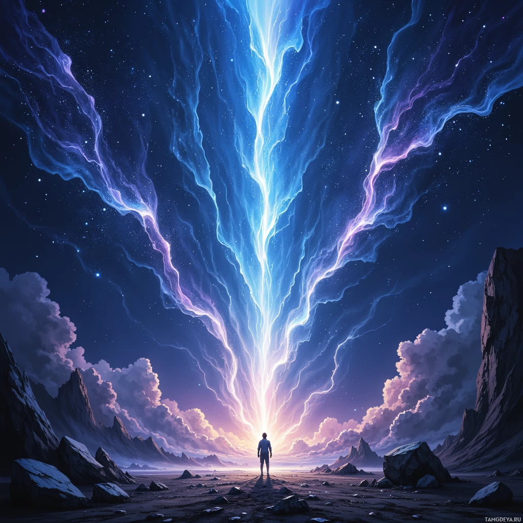 A lone figure stands before a radiant, ethereal light beam descending from the sky, surrounded by a starry night and rugged terrain.