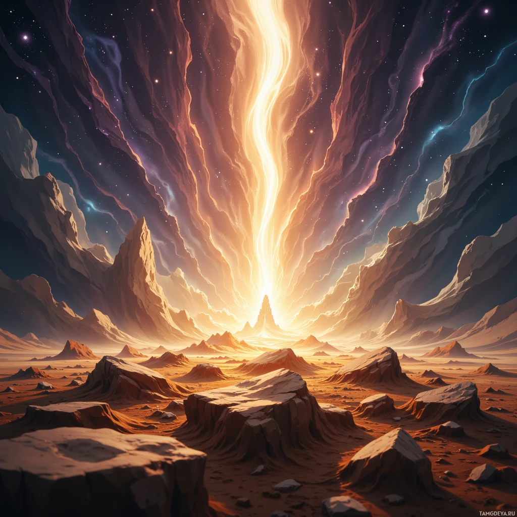 A dramatic, otherworldly landscape featuring towering rock formations under a starry sky with radiant light beams.