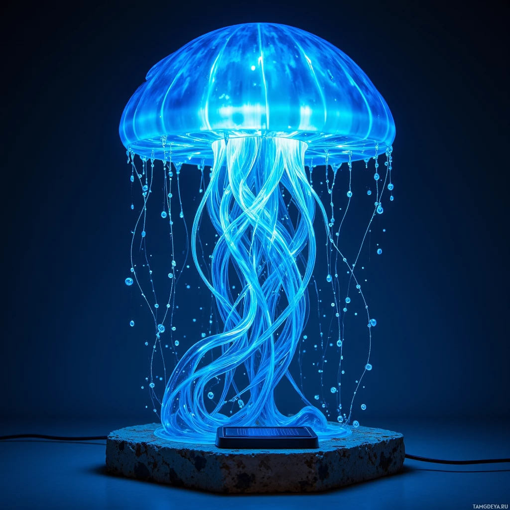 A glowing blue jellyfish sculpture with flowing tentacles sits atop a concrete base.
