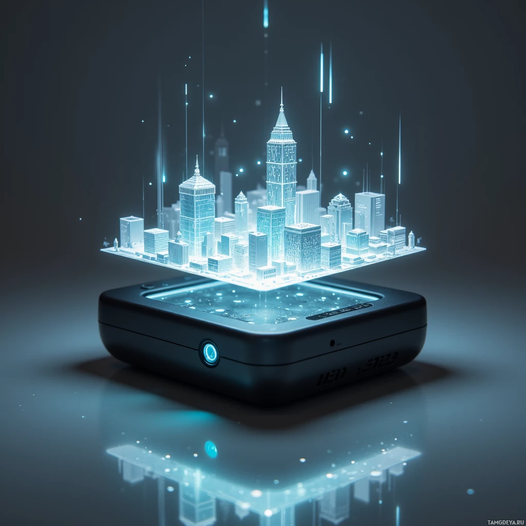 A futuristic device with a glowing holographic cityscape hovering above it.