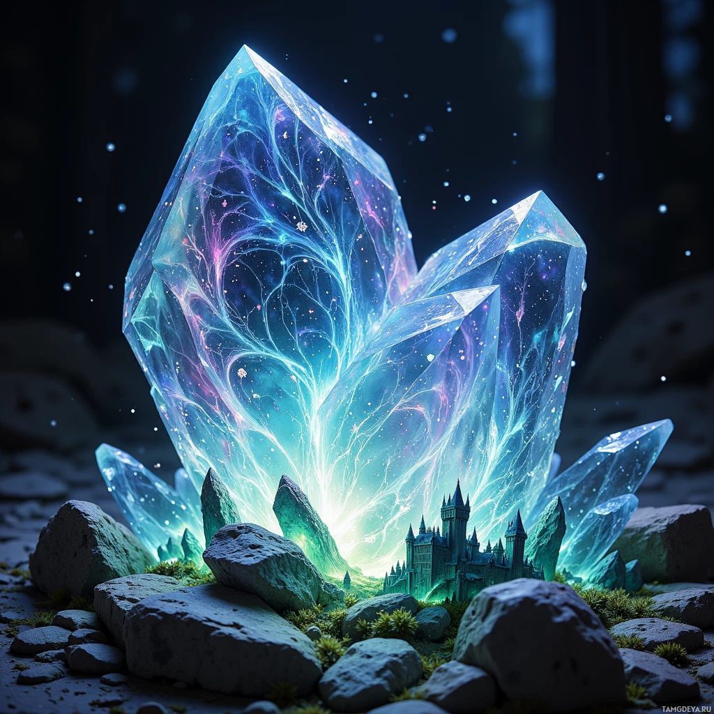 A glowing crystal formation with intricate patterns and a castle in the background.
