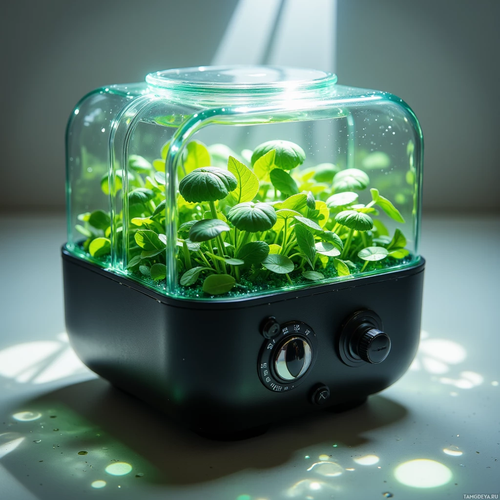 A small, enclosed indoor garden with green plants inside a glass dome.
