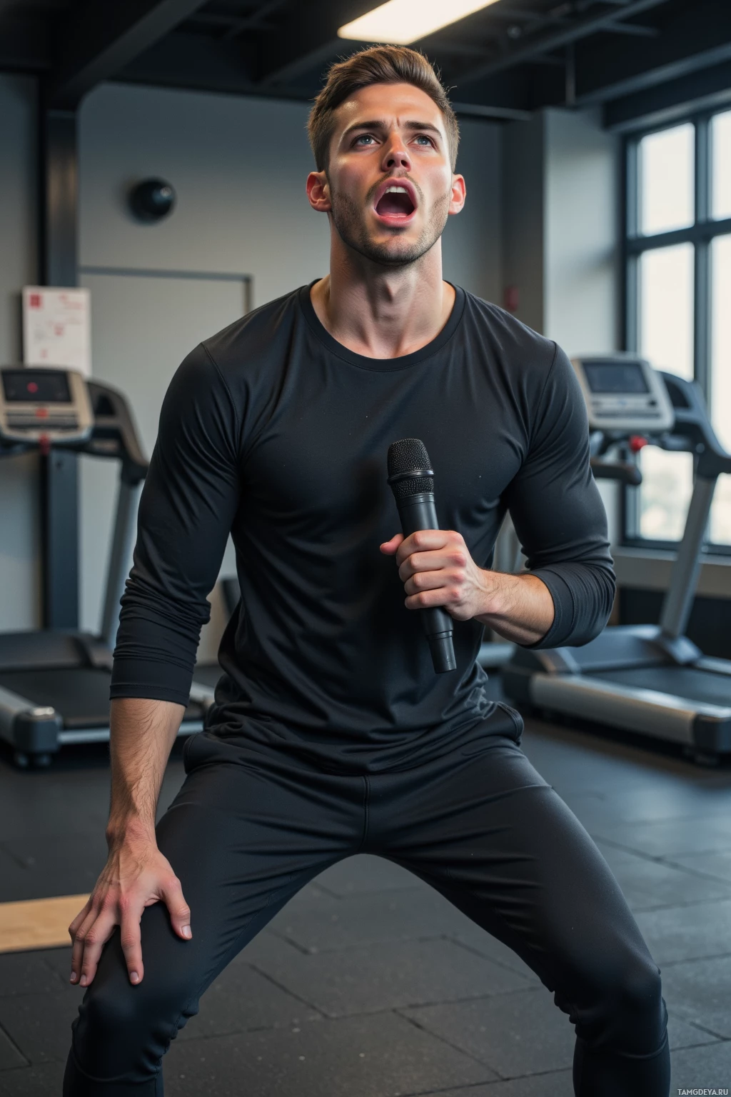 A man in a gym holds a microphone while in a lunge position.