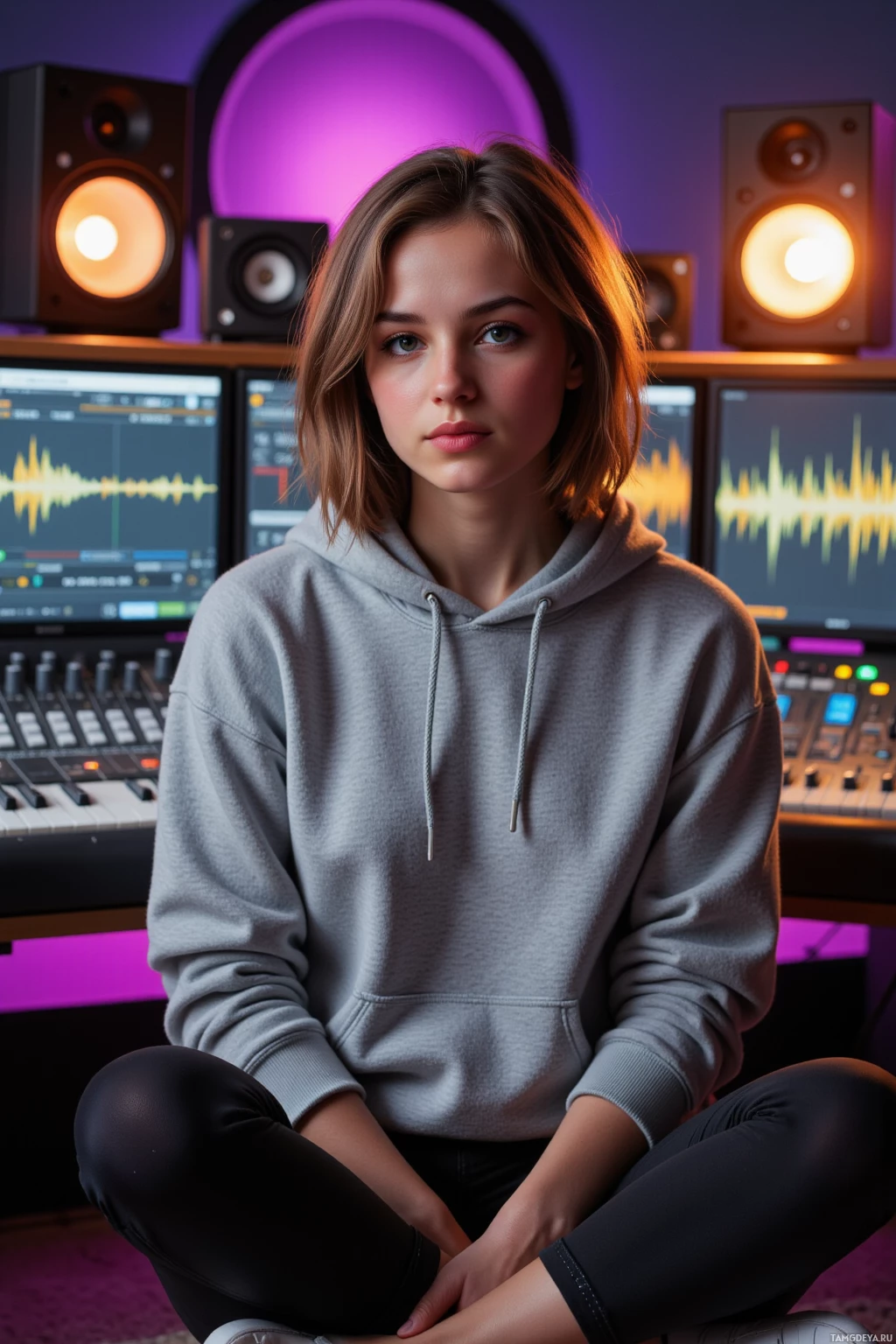 A person in a hoodie sits in a music studio with audio equipment and monitors.