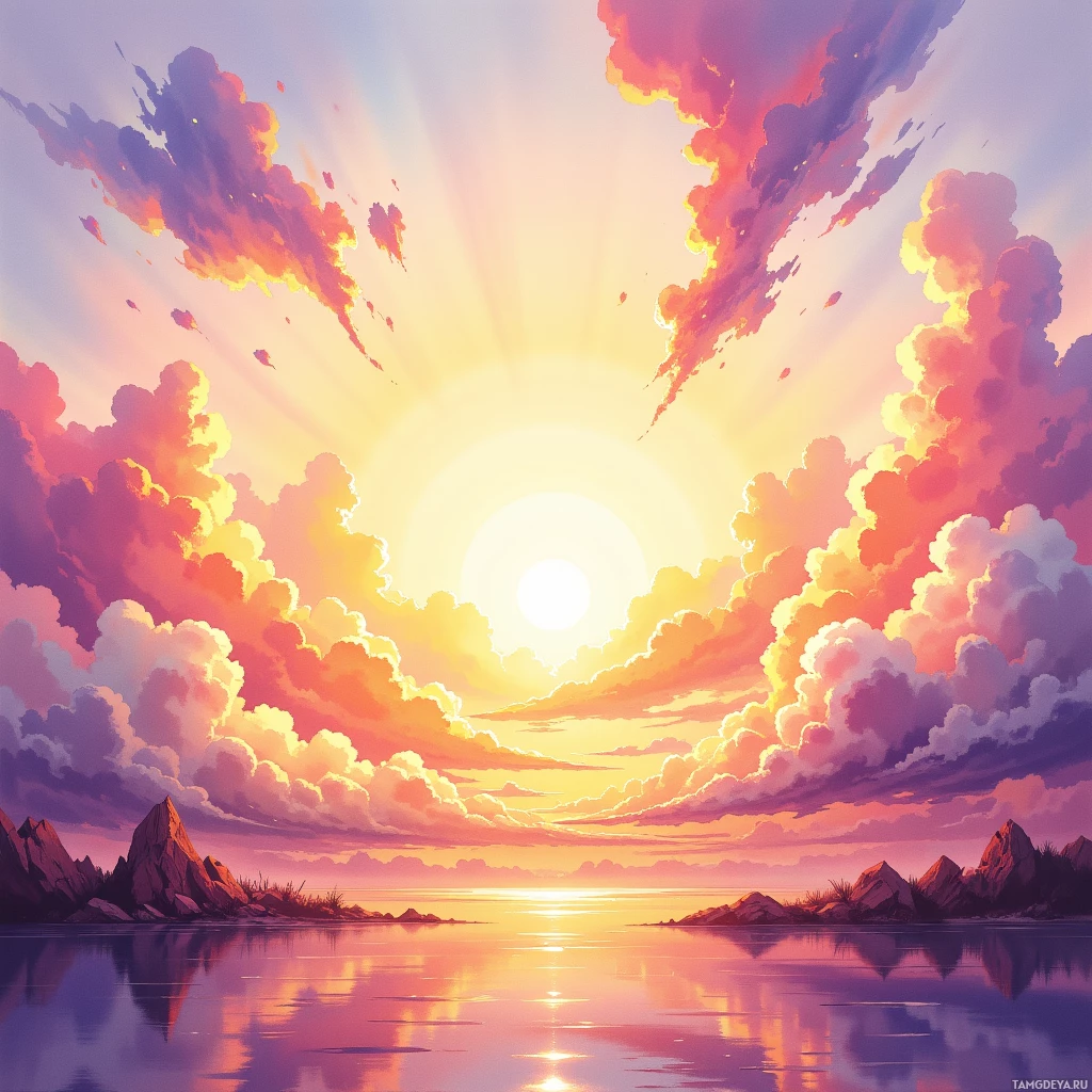 A vibrant sunset scene with colorful clouds and a calm body of water reflecting the sky.