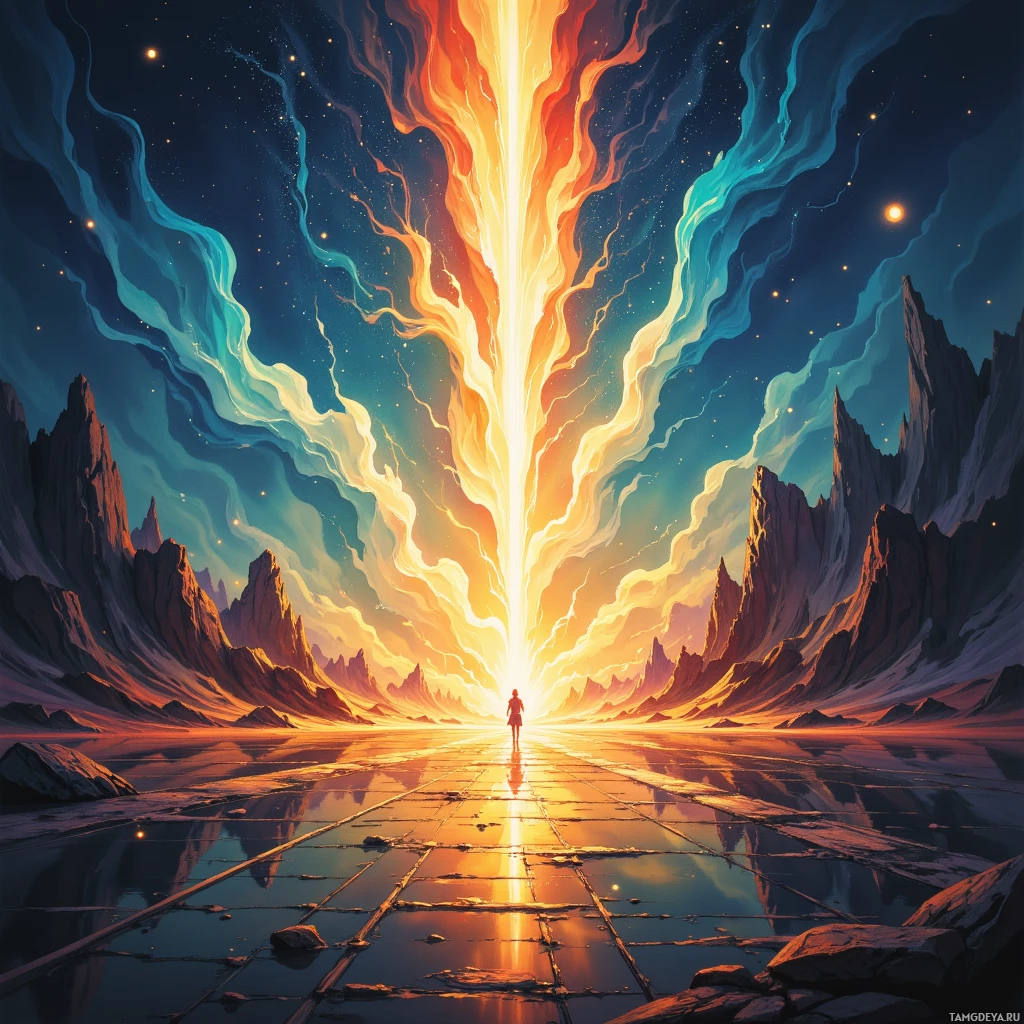 A person stands at the center of a reflective path leading towards a radiant, colorful light source in a fantastical landscape with towering mountains and a starry sky.