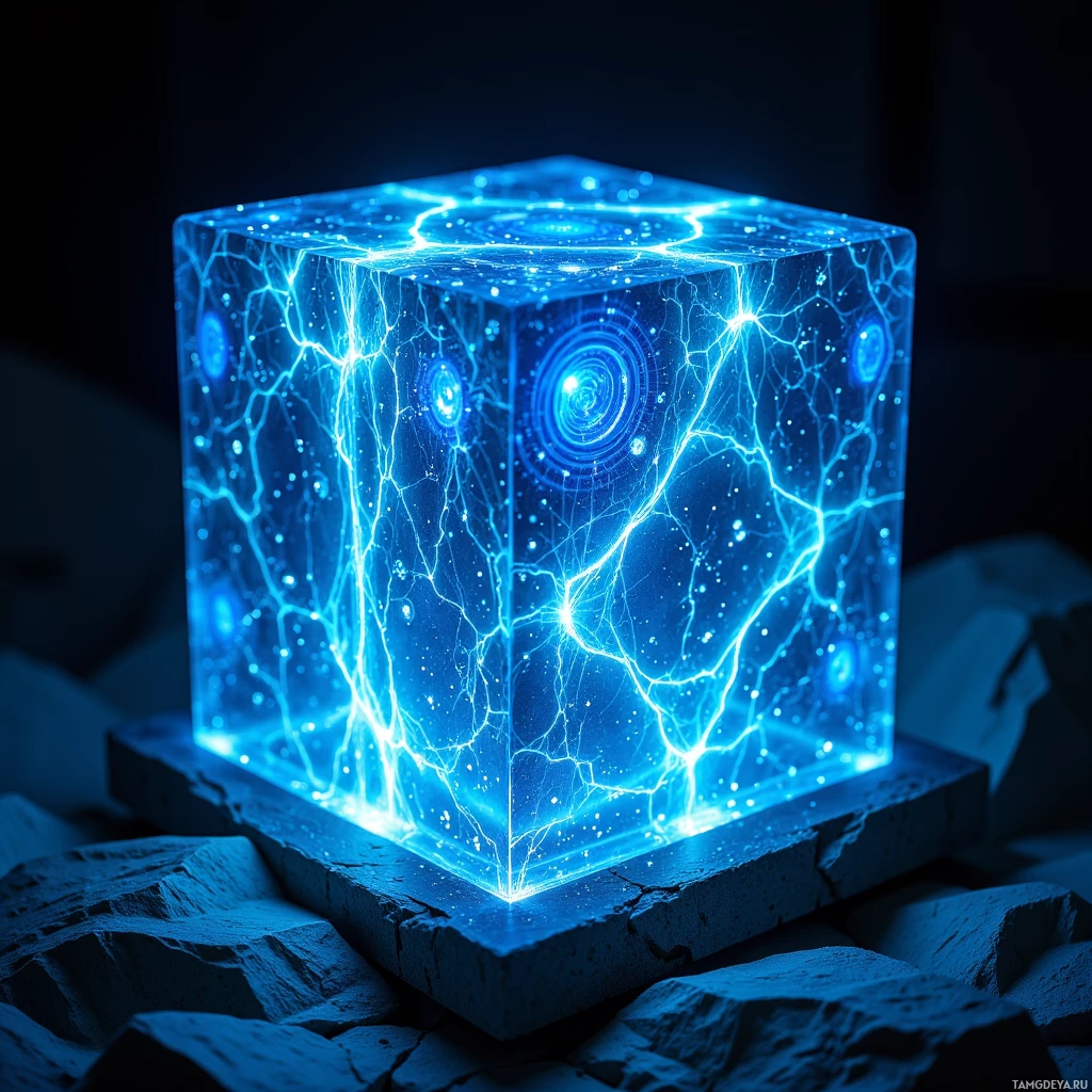 A glowing blue cube with intricate patterns and a central circular design sits atop a rocky surface.