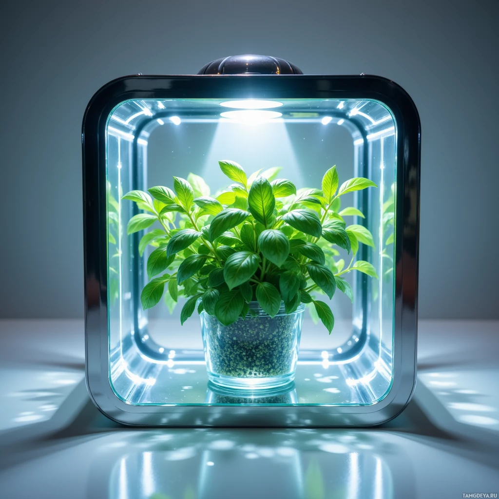 A potted plant is illuminated by a bright light within a glass enclosure.