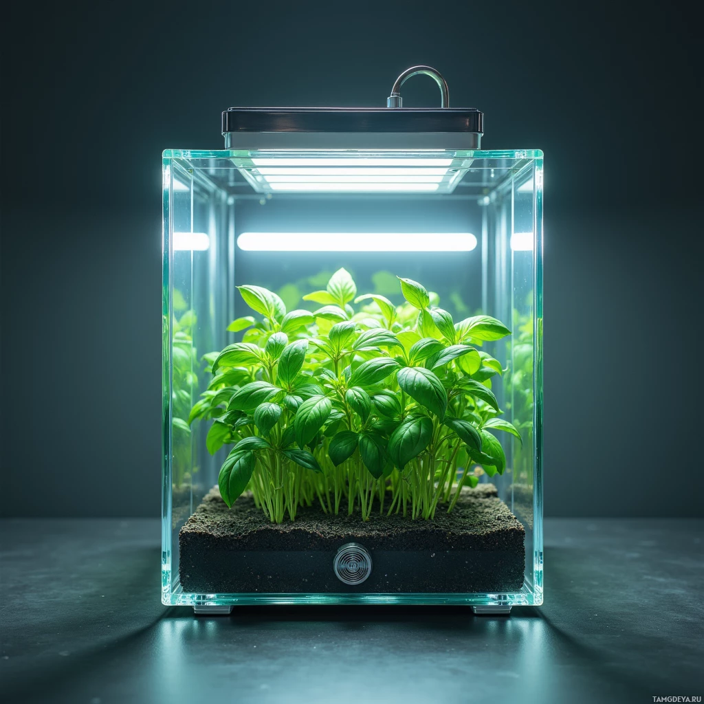 A glass terrarium with a basil plant inside, illuminated by a light above.