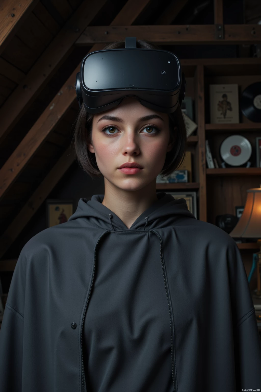 A person wearing a VR headset and a dark hoodie stands in a room with wooden beams and shelves.