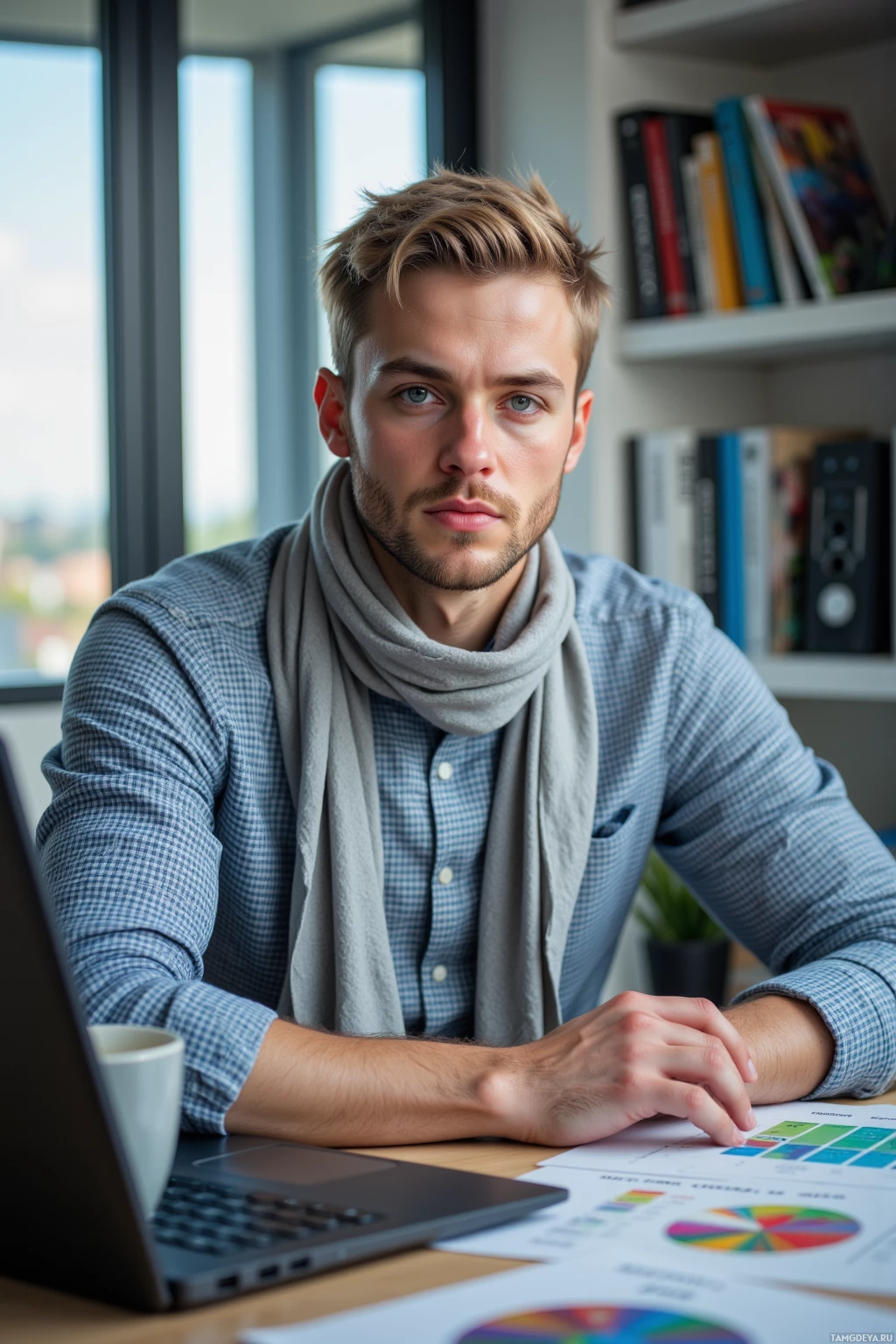 A man sits at a desk with a laptop, documents, and a mug, in a room with bookshelves and a window.