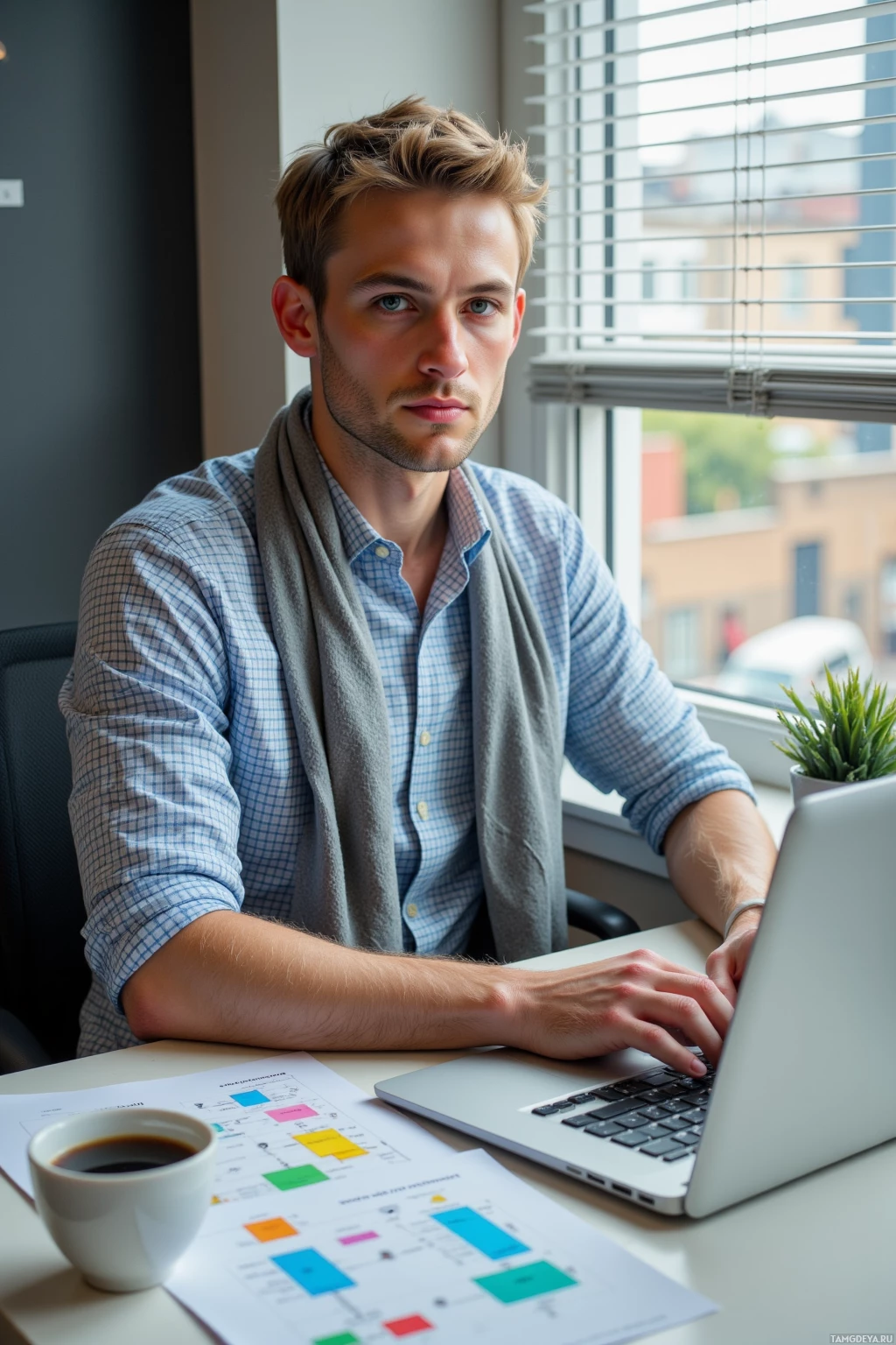 A man is sitting at a desk working on a laptop with a coffee cup and documents nearby.