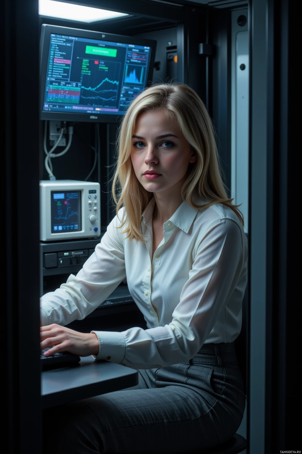 A woman in a white shirt and skirt sits at a desk in a dimly lit room, working on a computer.