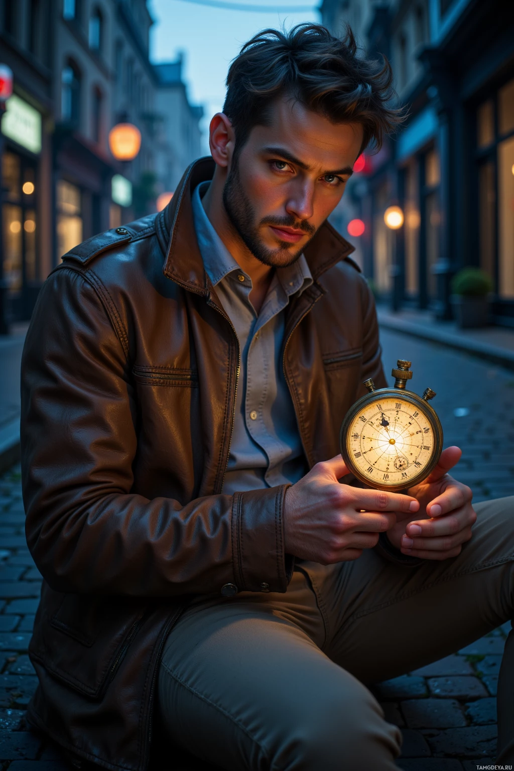 A man in a leather jacket holds an antique pocket watch while crouching on a cobblestone street.