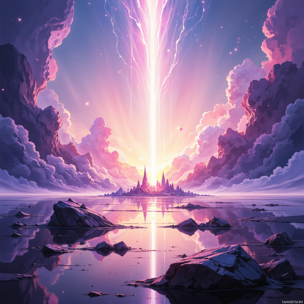 A serene landscape featuring a glowing light beam descending from the sky, reflected in calm waters, with rocky formations and fluffy clouds in the background.