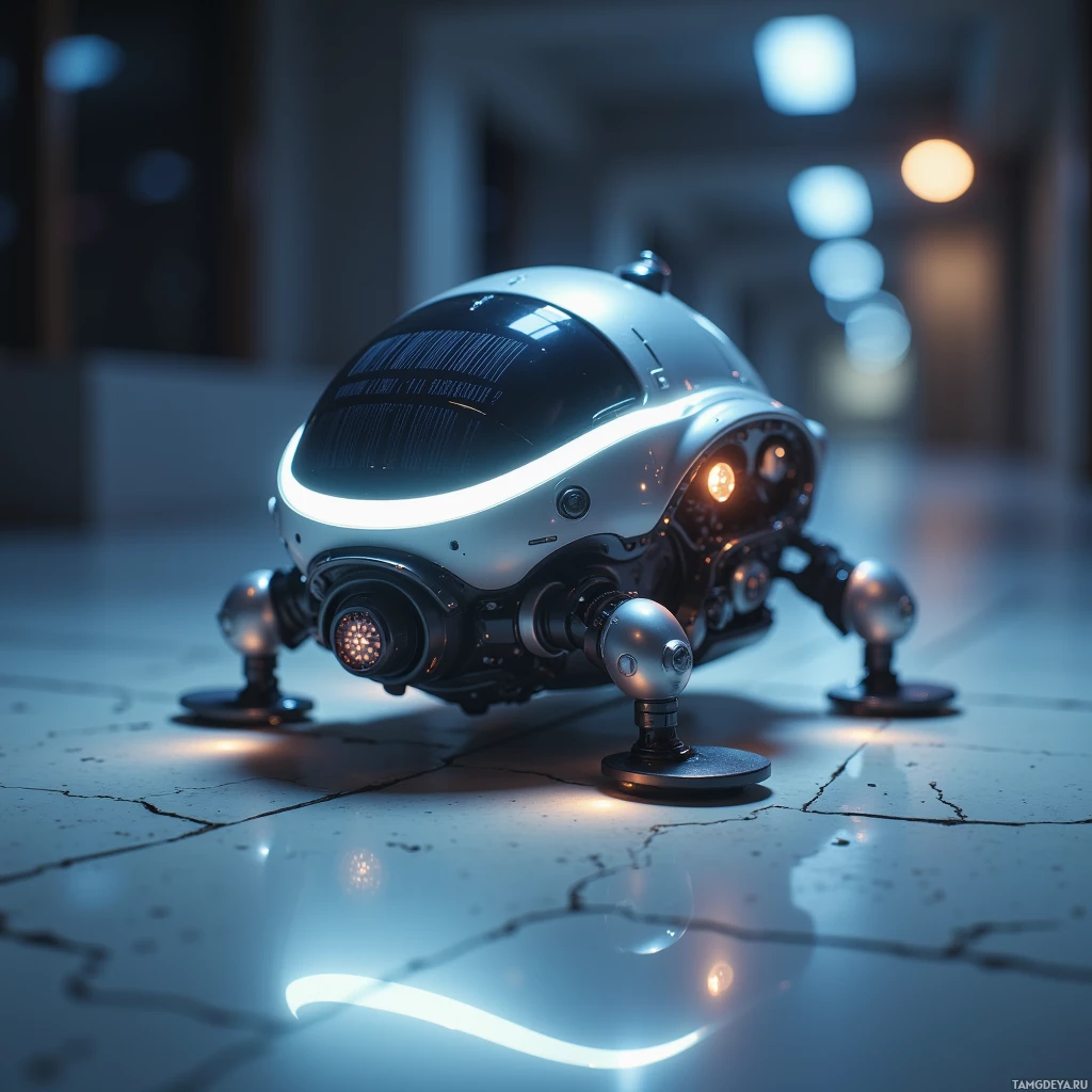 A futuristic, spherical robot with glowing lights and mechanical appendages is positioned on a cracked floor in a dimly lit environment.