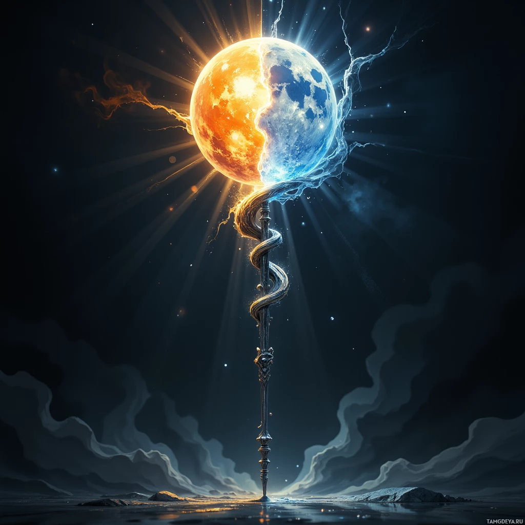 A fantastical staff with a split moon at its tip, glowing with radiant light, stands against a dark, starry sky.