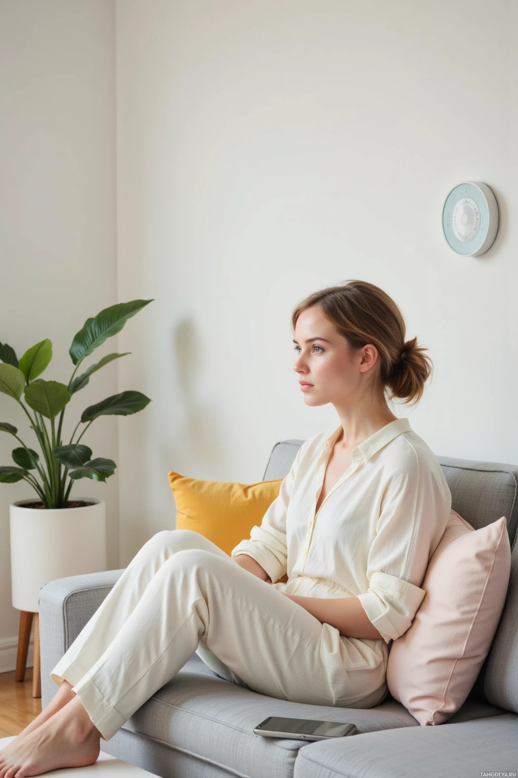 A woman sits on a couch in a minimalist living room, looking out of frame.