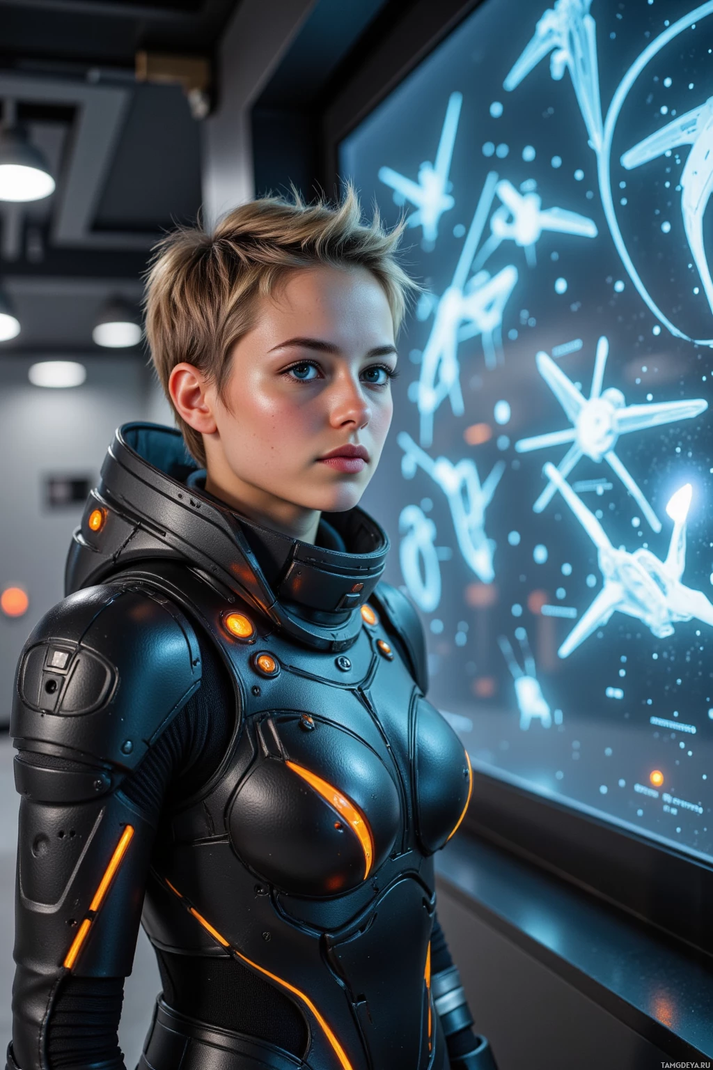 A person in a futuristic, armored suit stands in a high-tech environment with glowing star-like patterns in the background.