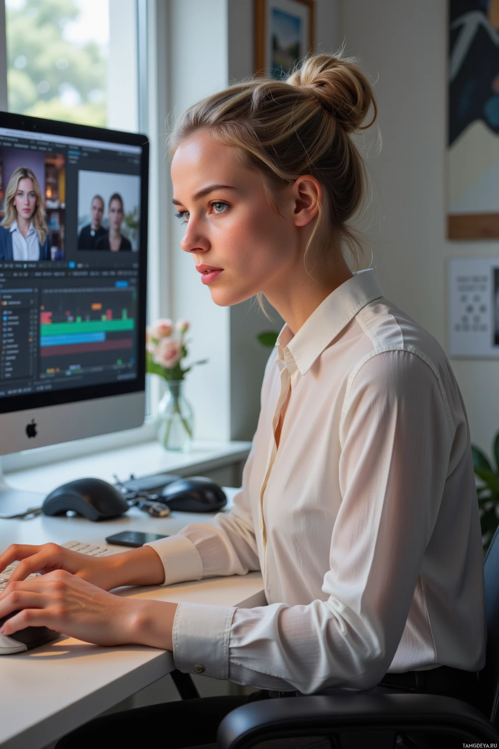 A woman is working at a desk, using a computer with a video editing software interface on the screen.